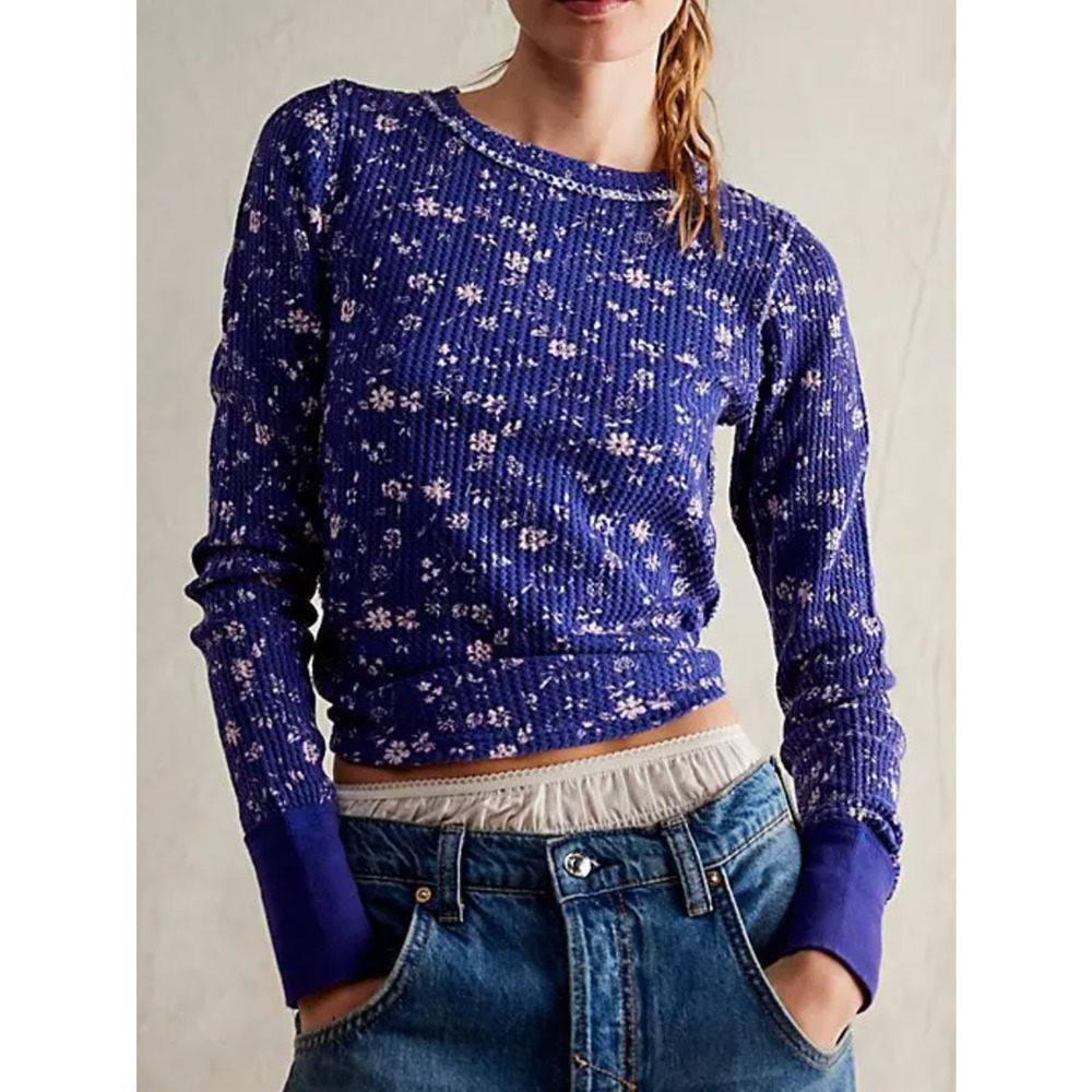 NEW FREE PEOPLE WE THE FREE BLUE FLORAL PRETTY LITTLE THERMAL TOP SHIRT SZ XS
